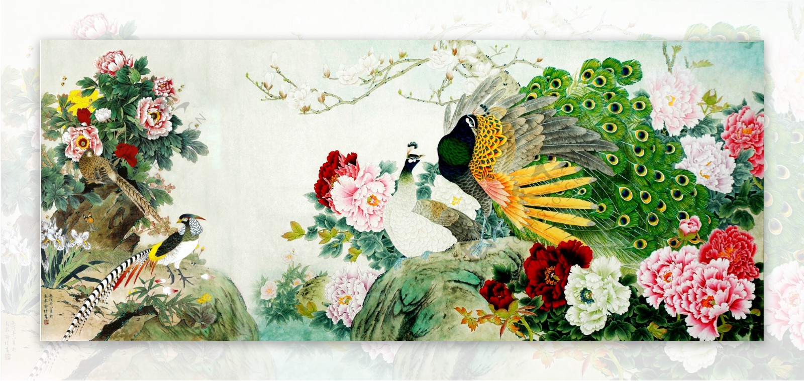 高清装饰素材牡丹花丛中的雉鸡
