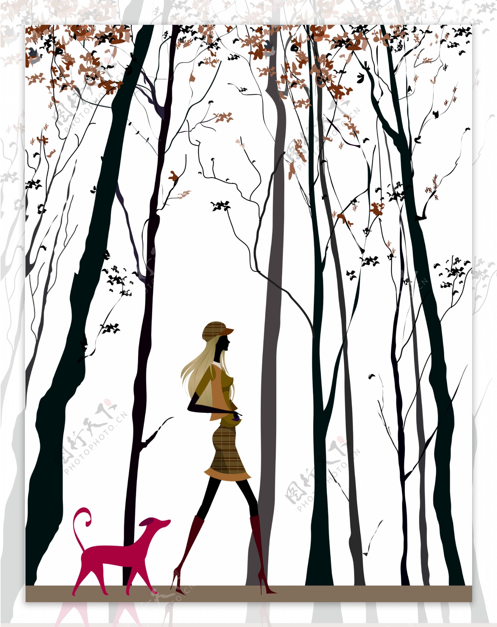 树林女人散步移门