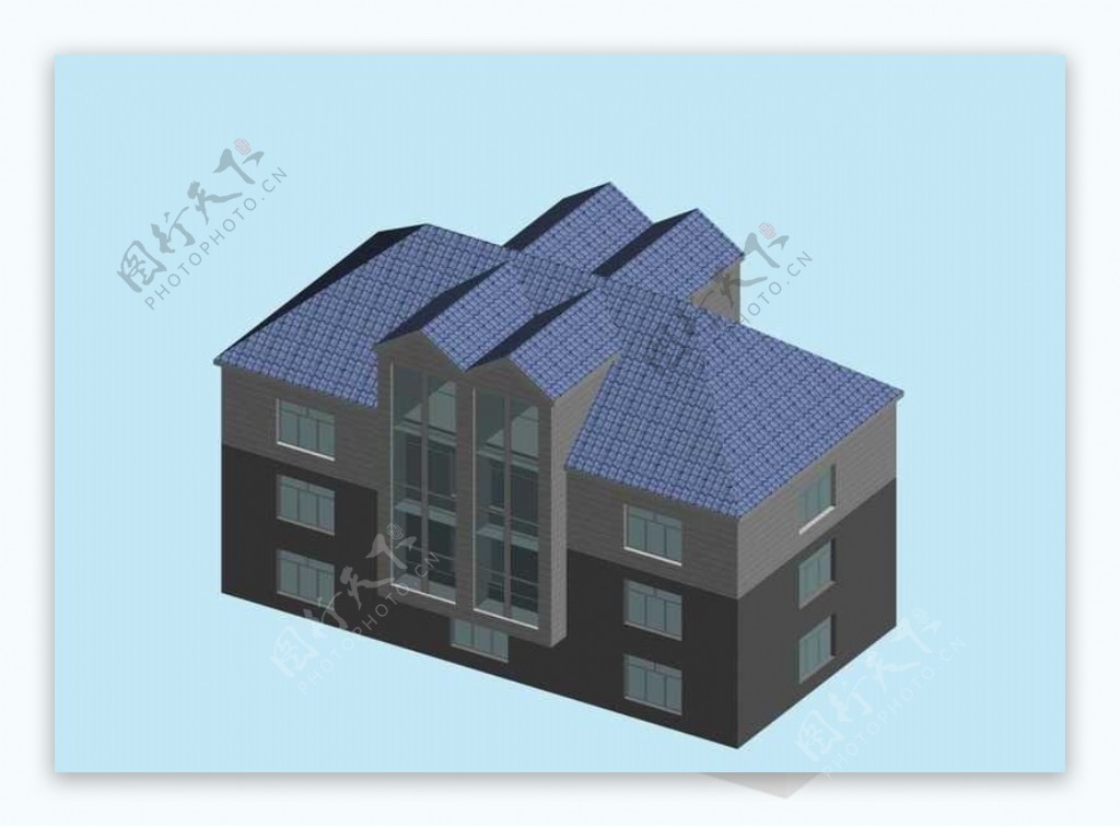 蓝色坡顶简模建筑3D模型