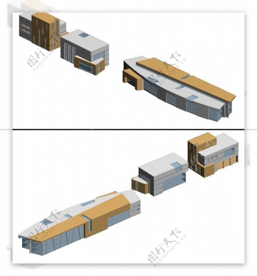 商业中心建筑群正背面3D模型效果图设计