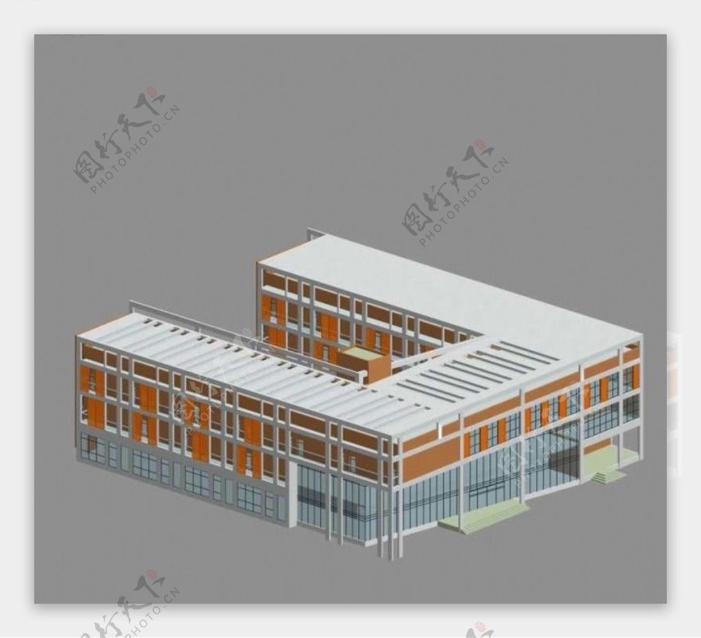 正C形三边公共建筑3d效果图