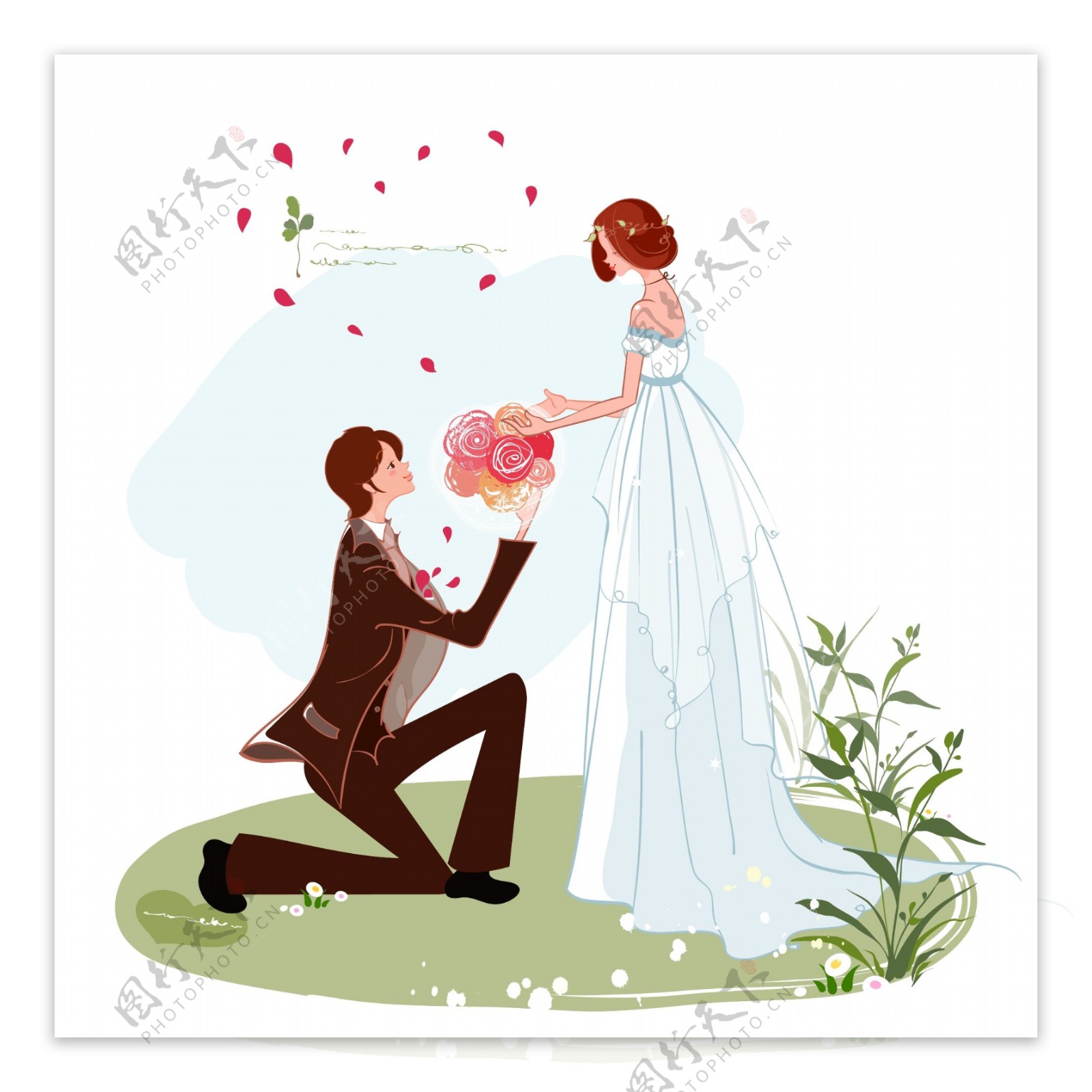 跪地向新娘献花的新郎图片