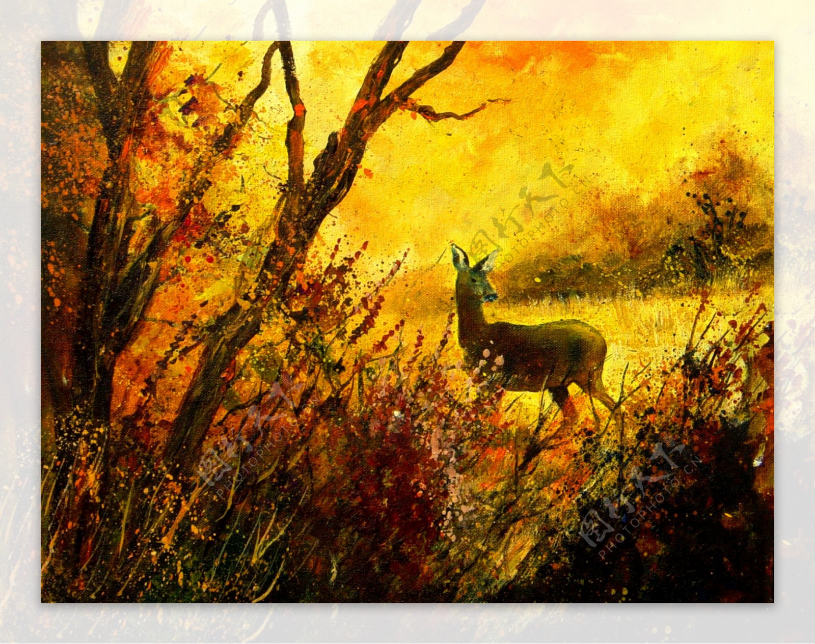 油画丛林鹿影图片