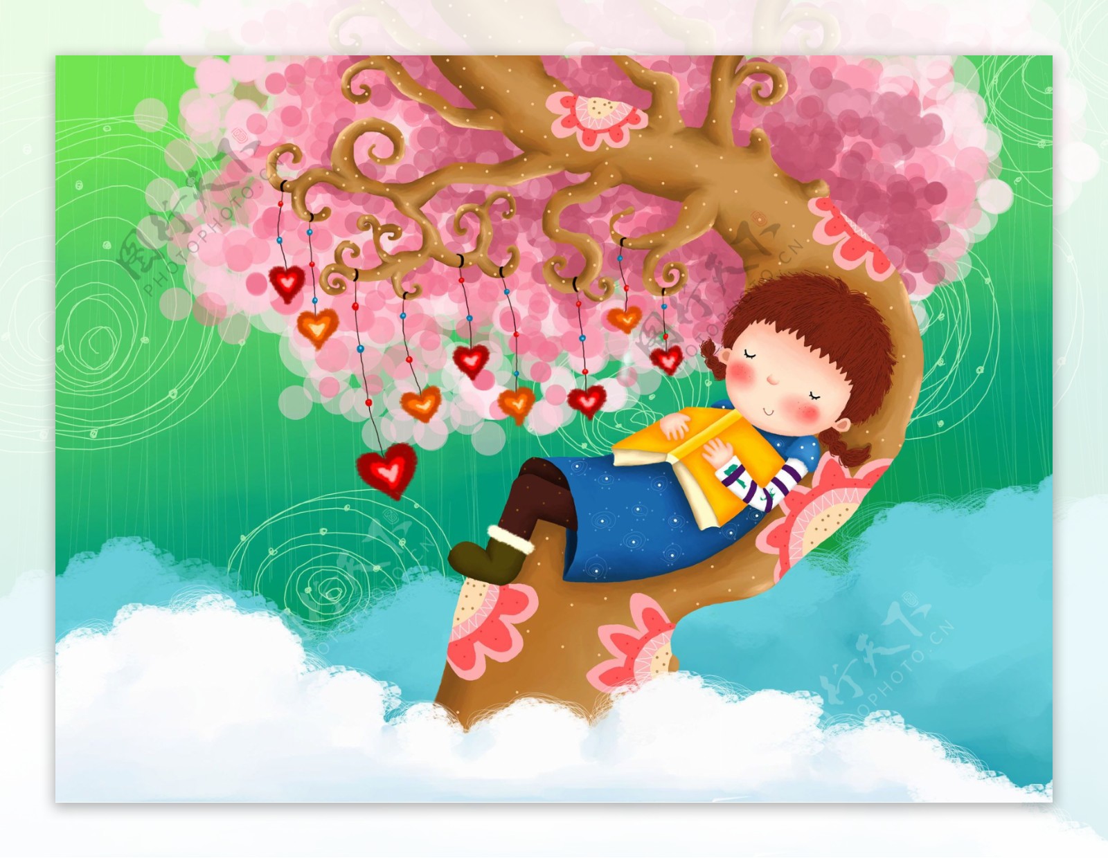 躺在树上的小女孩卡通背景