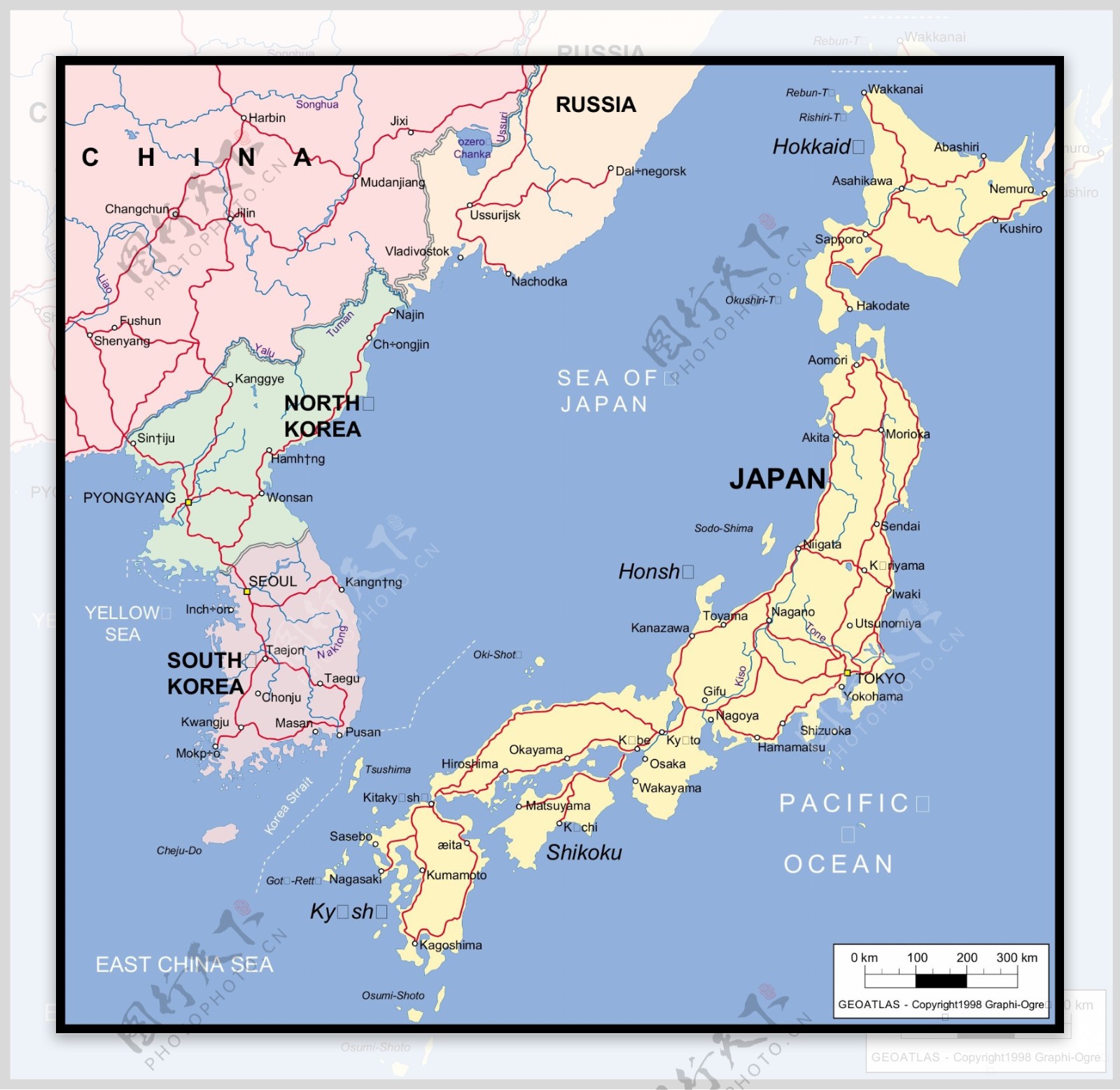 日本地图矢量素材分色地形图