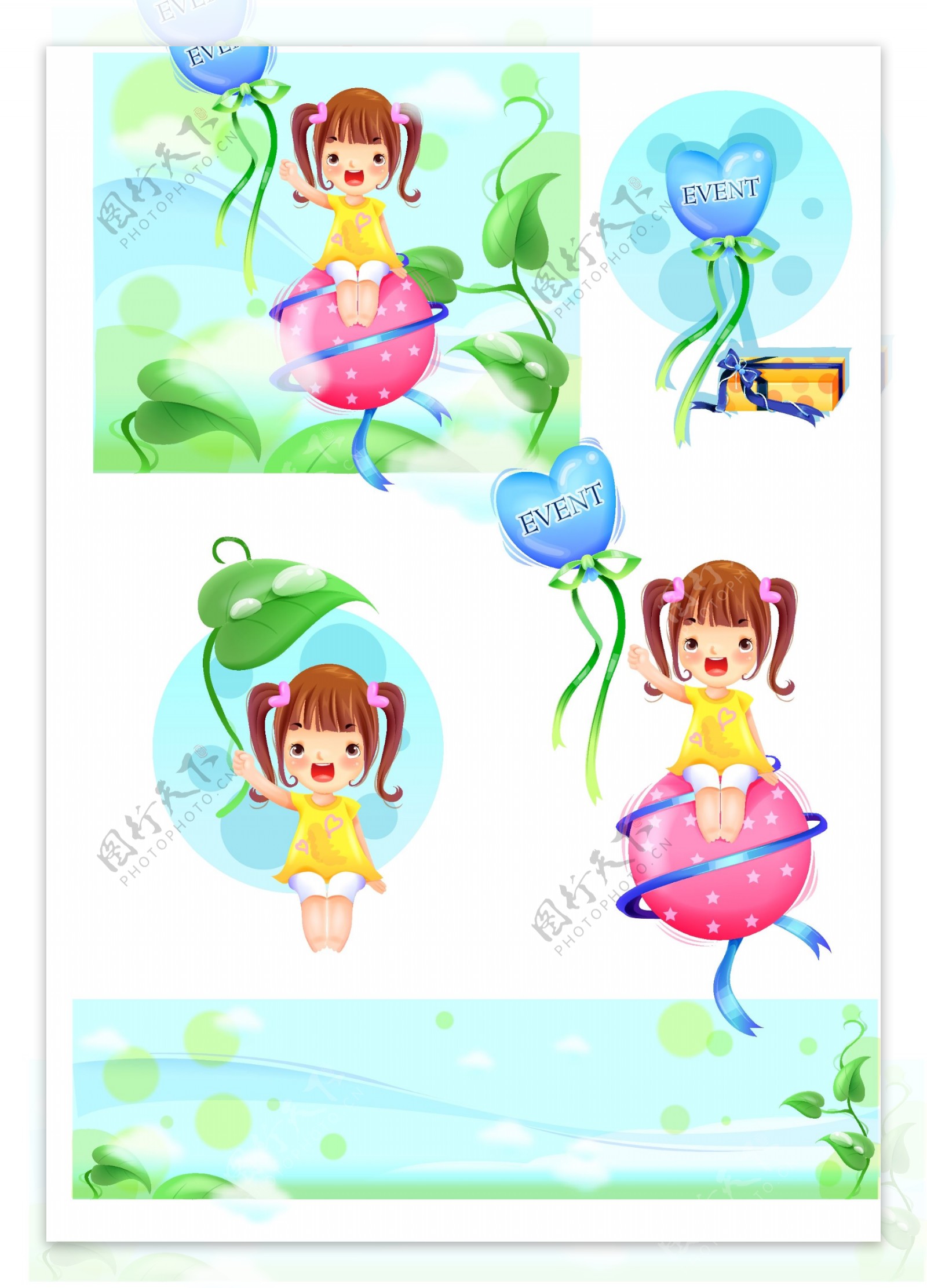 韩国卡通坐在气球上的可爱小女孩
