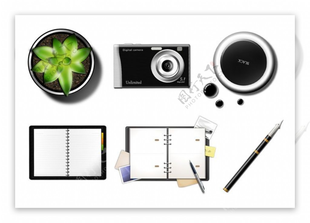 盆栽植物相机咖啡书本钢笔元素图标