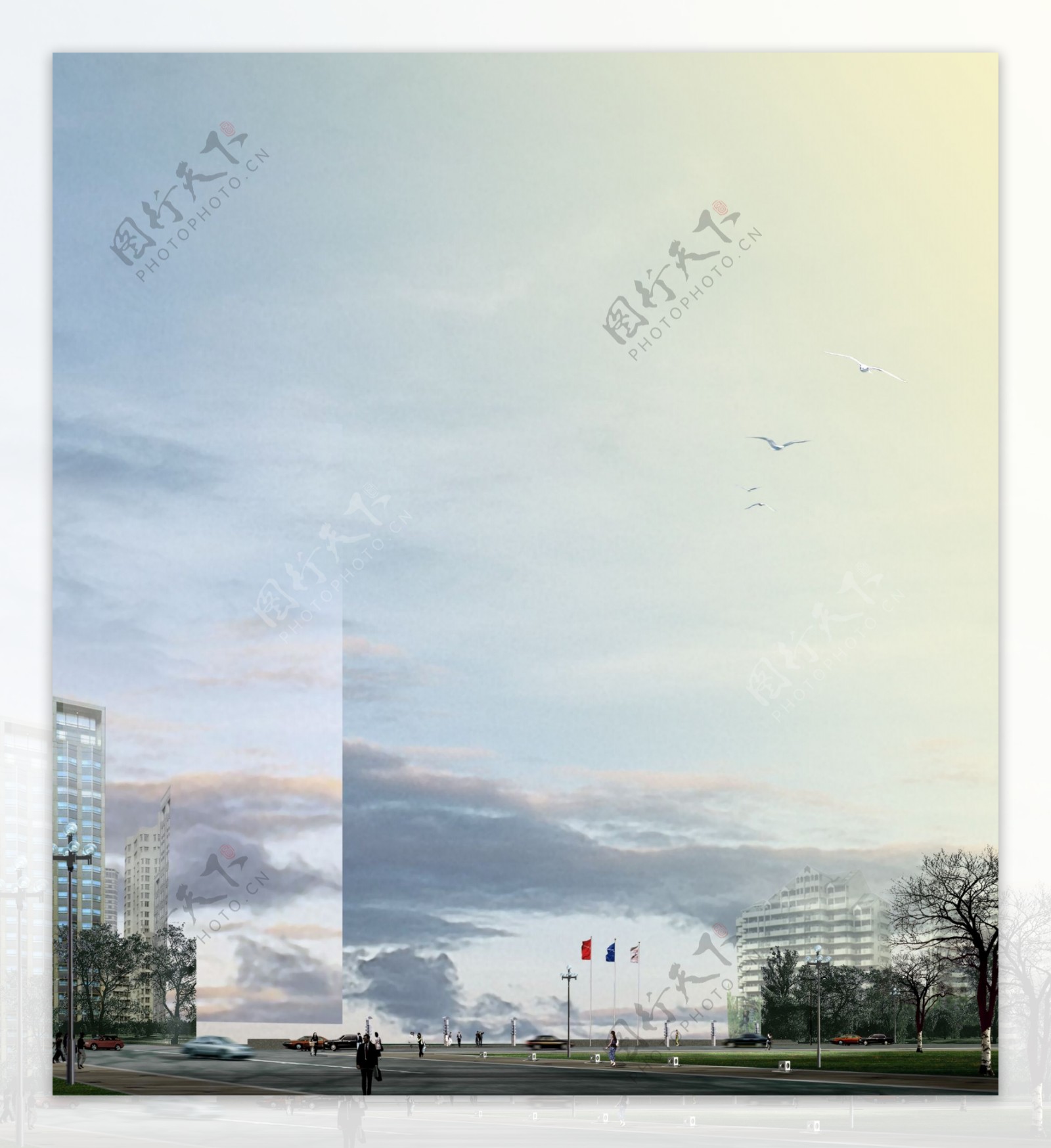 城市广场效果图及天空素材PSD分层素材模板