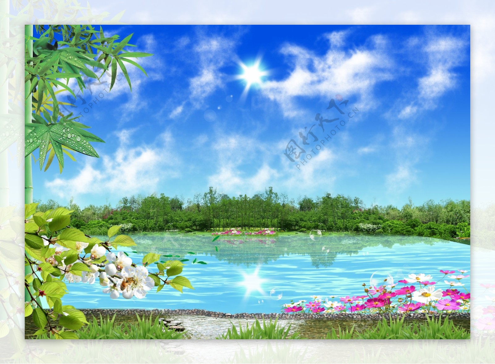 蓝天白云清澈的湖水竹子