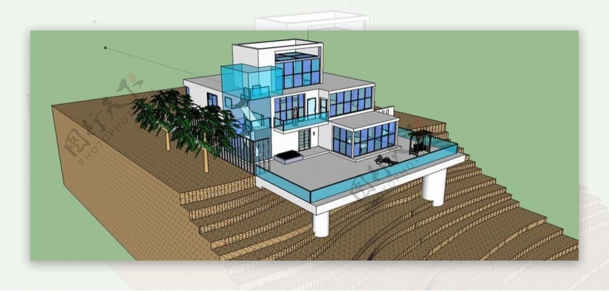 二层坡地别墅超精美sketchup模型