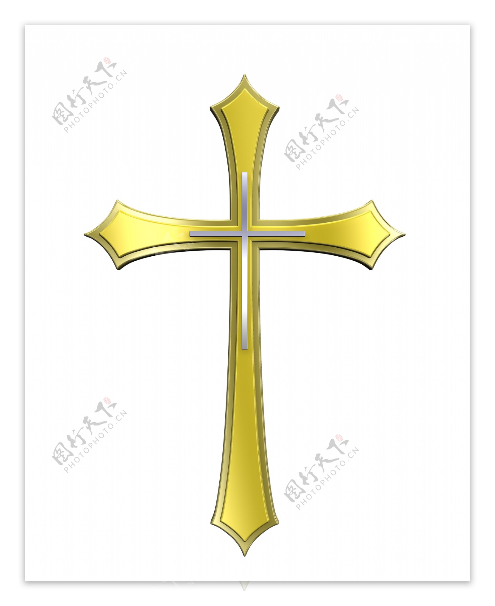 银框基督教的金十字架白色隔离