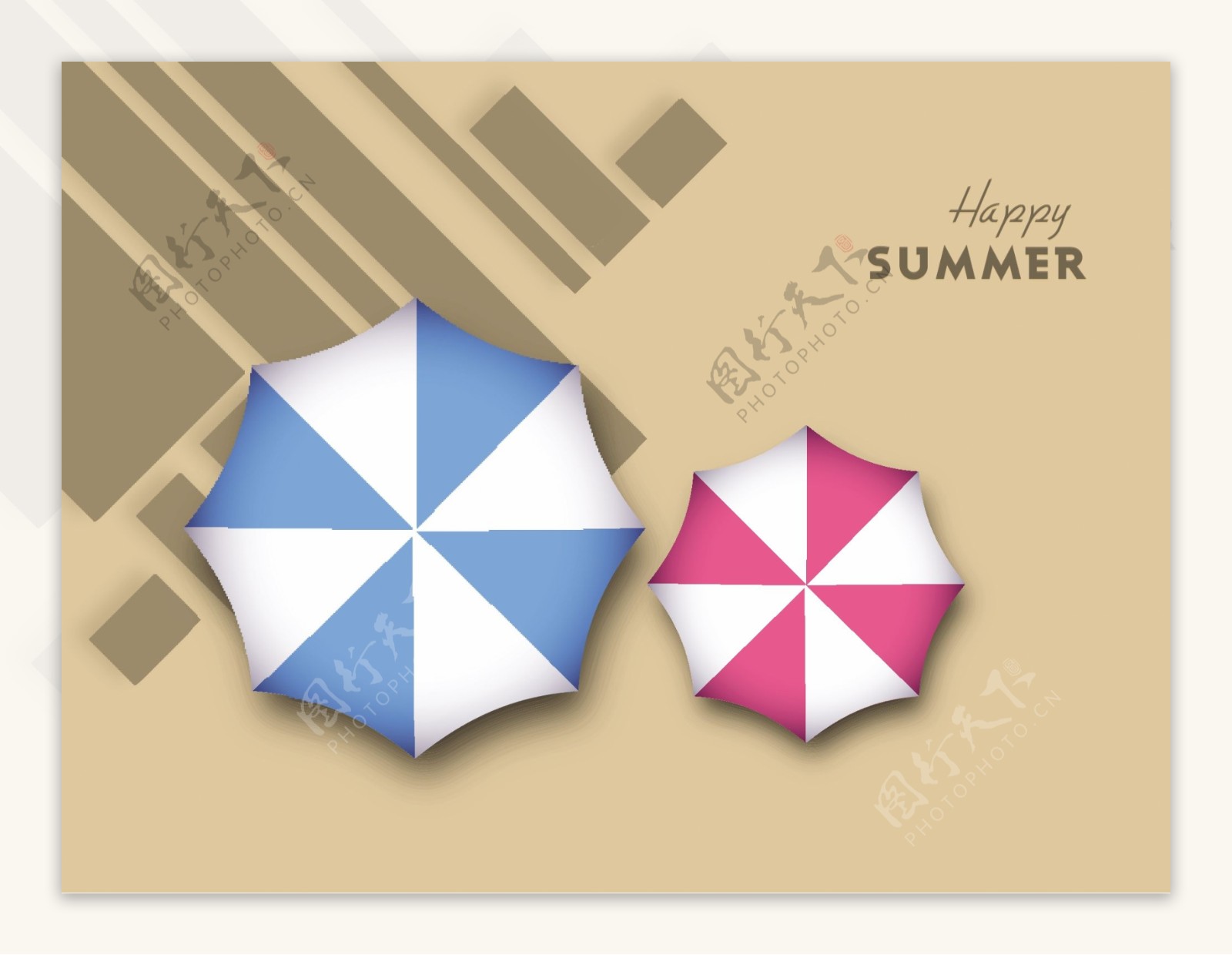 摘要背景与五颜六色的雨伞和快乐的暑假文本