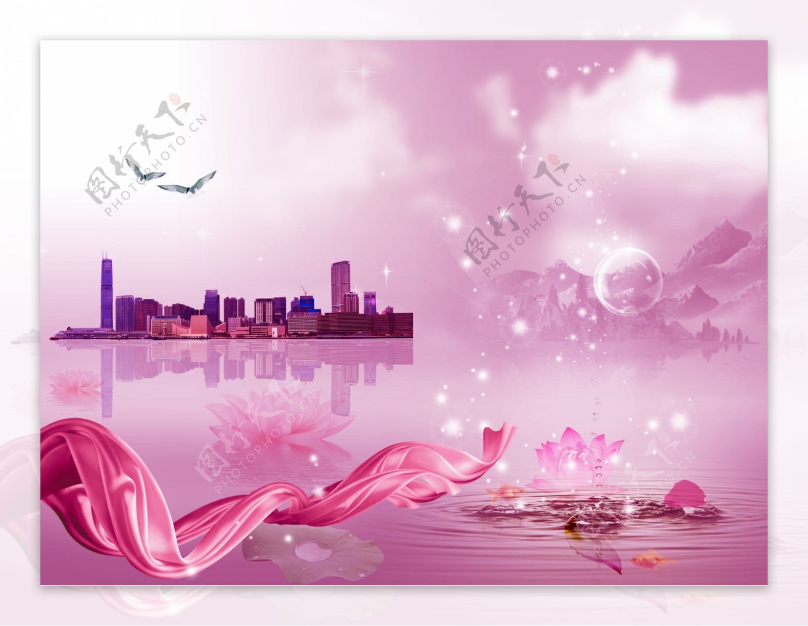 粉色梦幻丝带荷花城市云海报背景