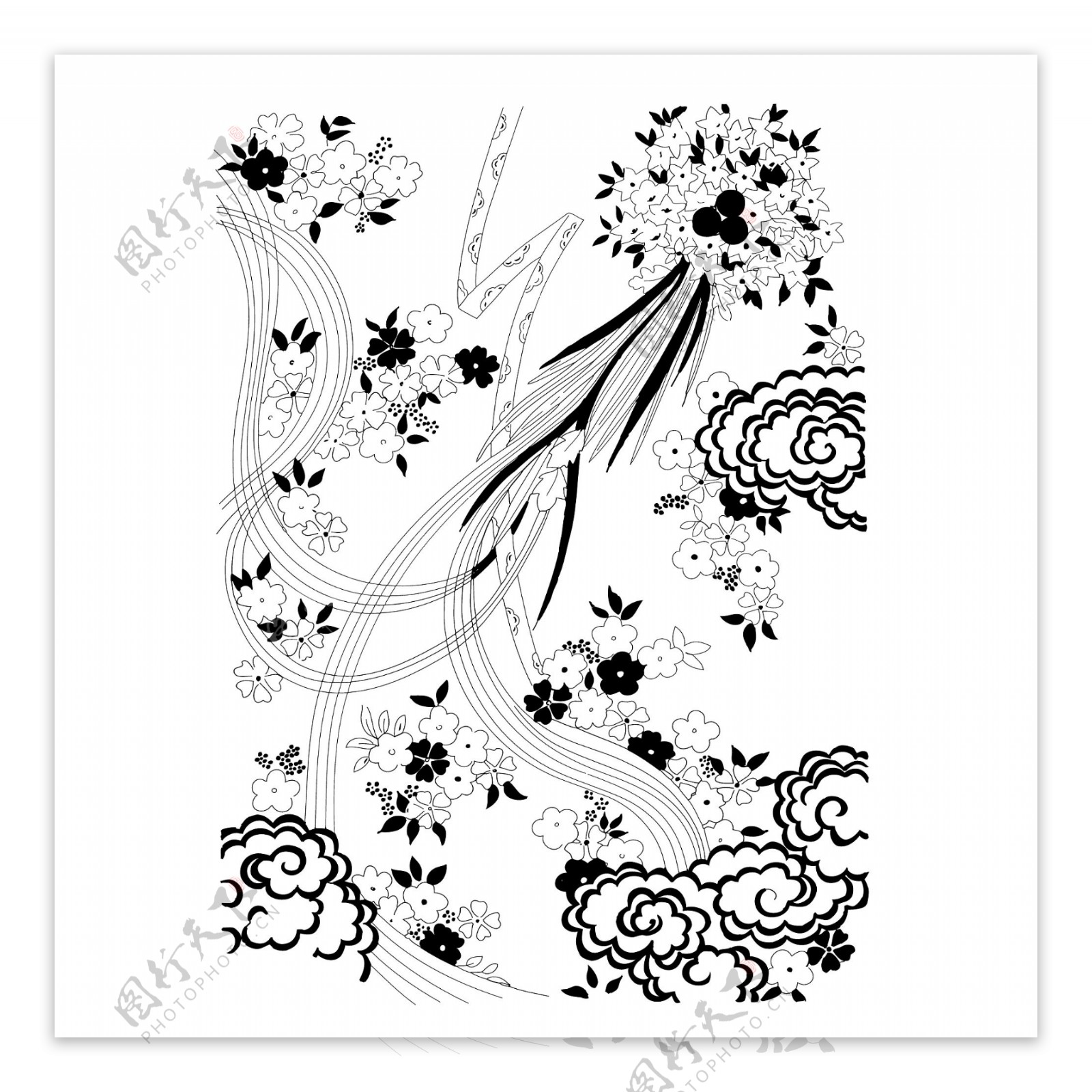 印花矢量图成熟优雅女装植物花纹黑白色免费素材