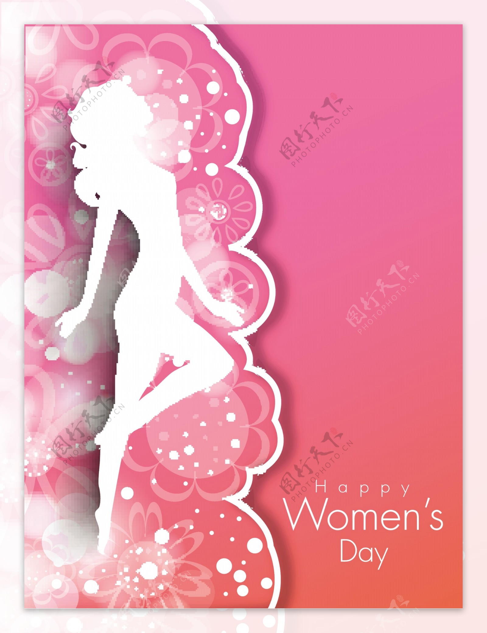 三八妇女节贺卡或海报的粉红色背景一个年轻女孩白色的轮廓设计