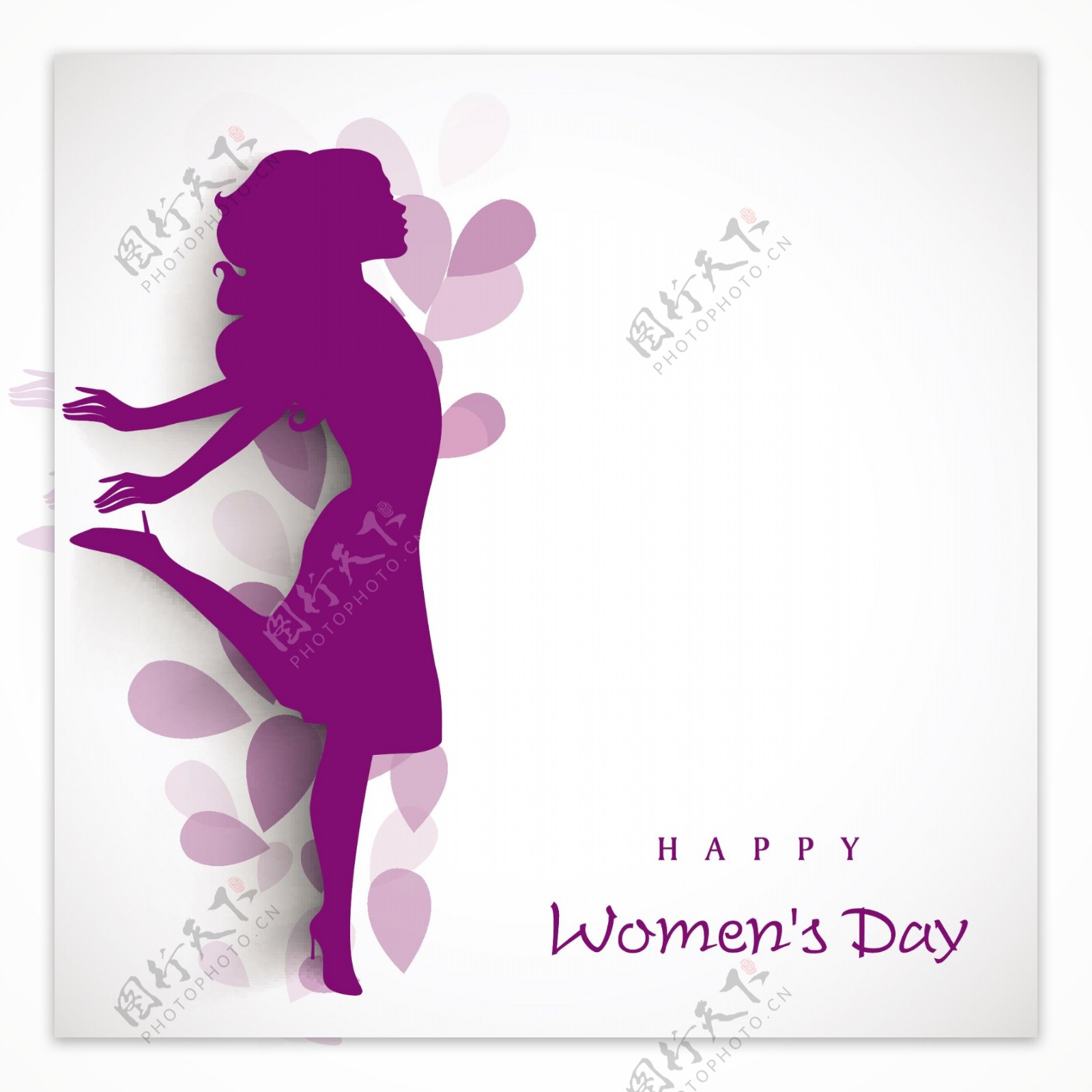三八妇女节贺卡或海报以花装饰的灰色背景舞姿女孩紫色轮廓设计