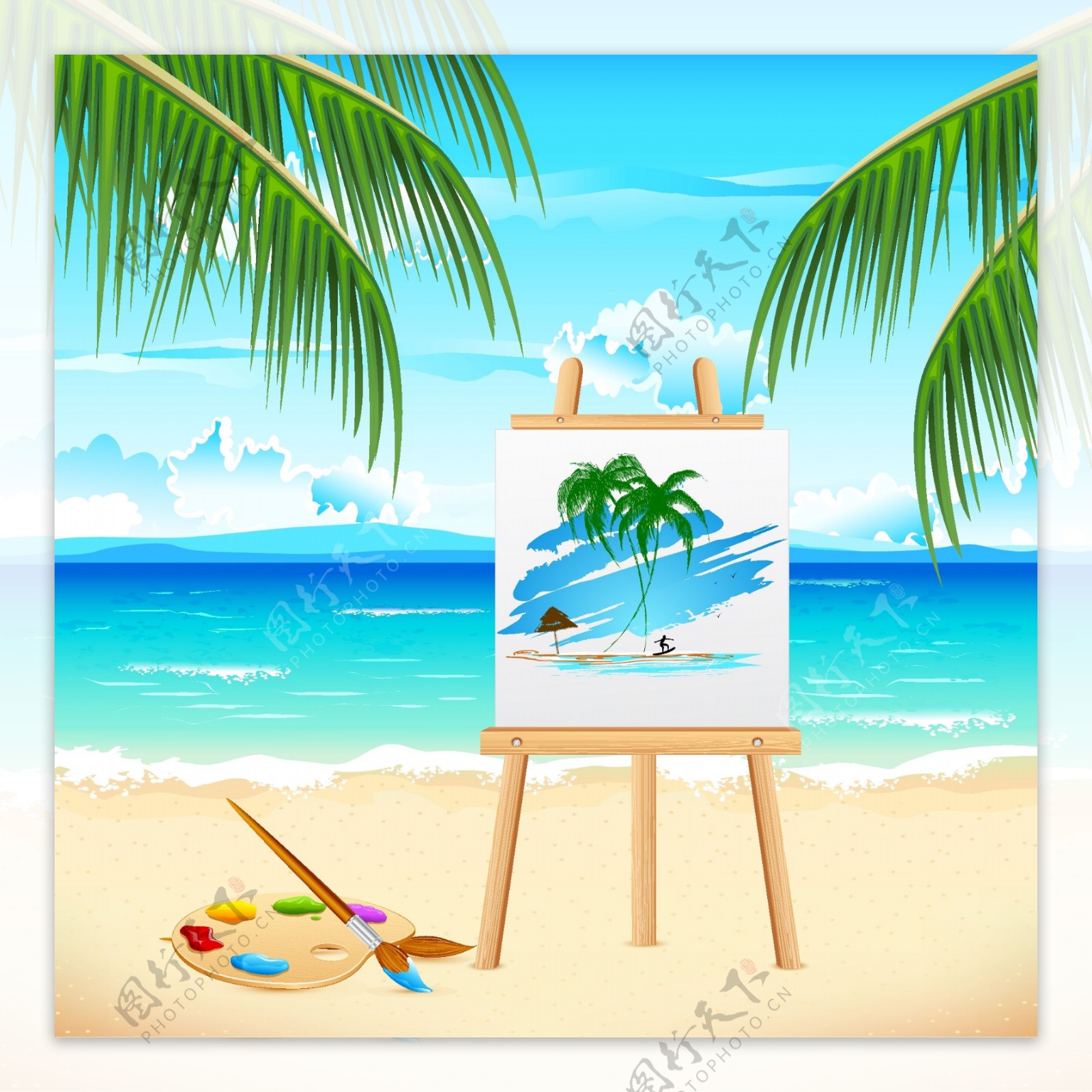 绘画沙滩夏日风景图片