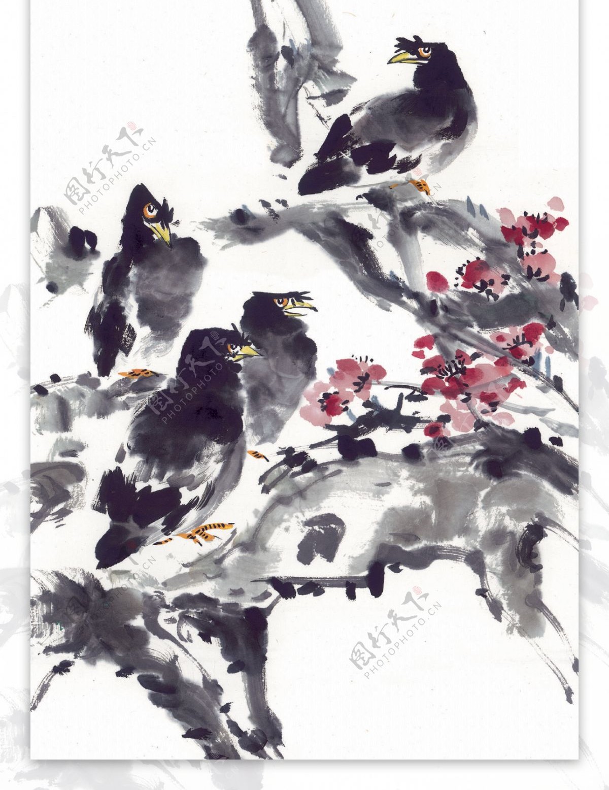 小鸟喜鹊油墨画花丛动物中华艺术绘画
