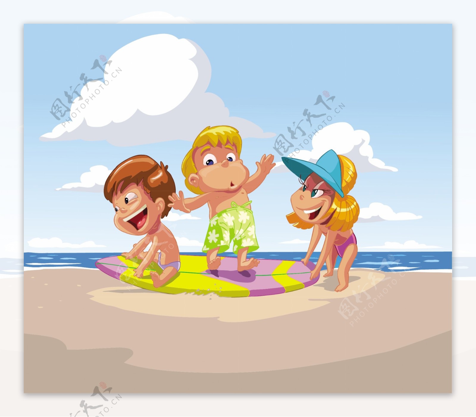 5个卡通孩子海滩乐趣矢量背景
