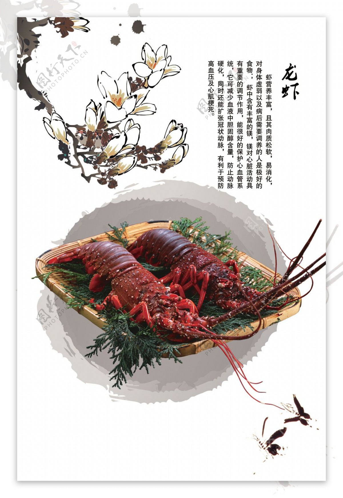 中国风水墨桃花龙虾美食PSD素材