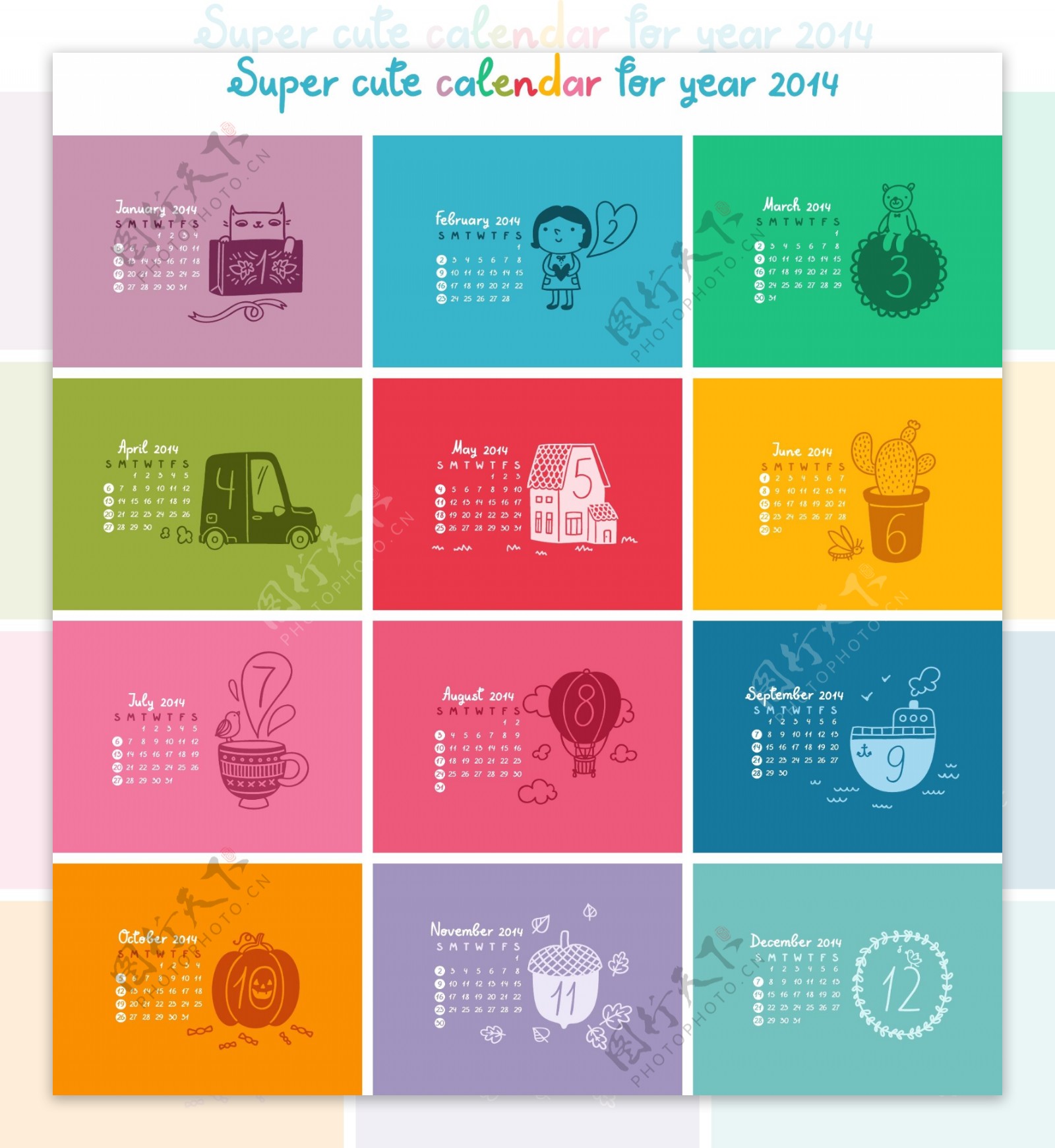 2014日历的彩色格子矢量素材