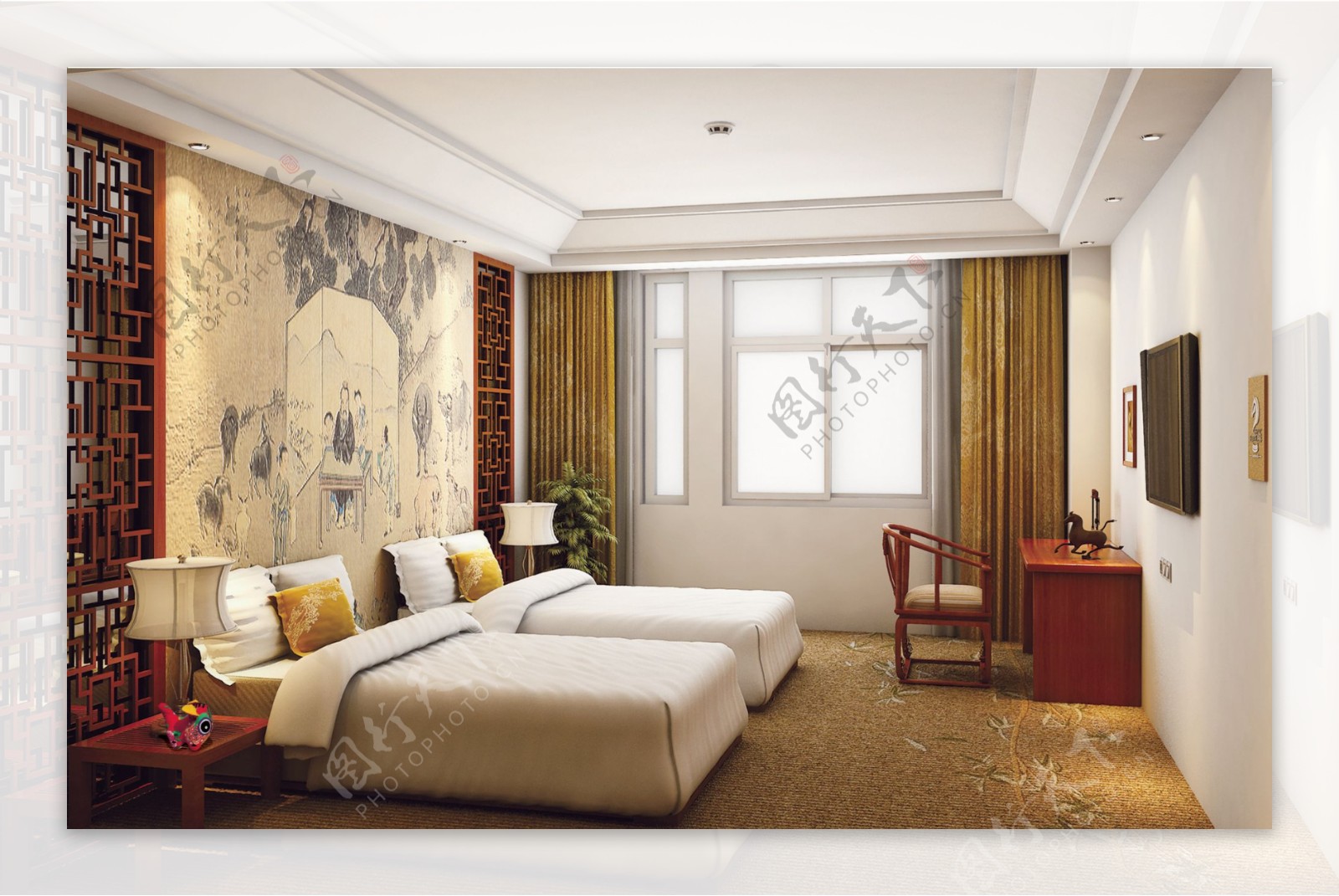 中式酒店卧室风格效果图