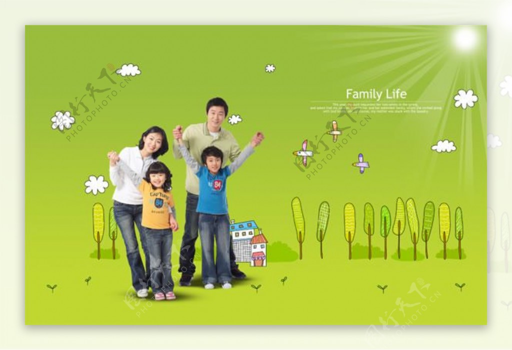 绿色卡通背景幸福家庭psd海报素材