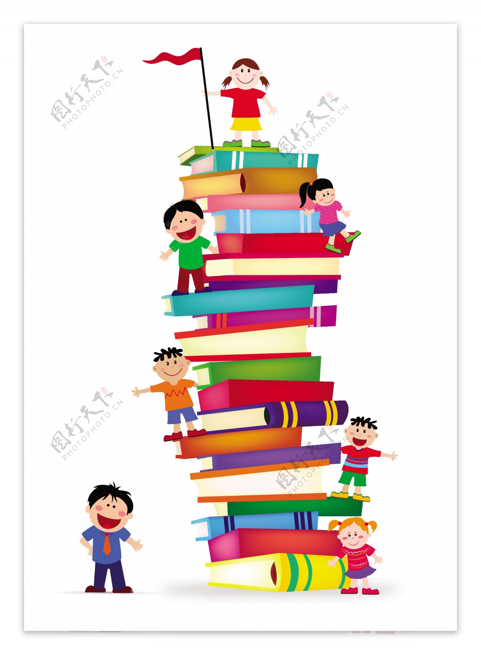 孩子们爬上一堆书