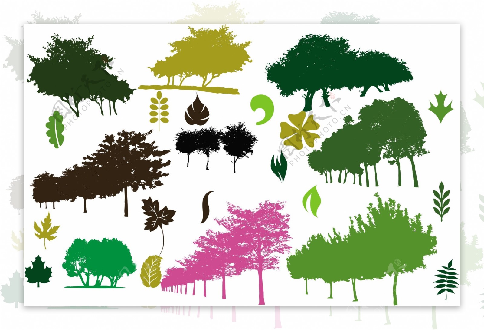 彩色树木和树叶剪影矢量素材