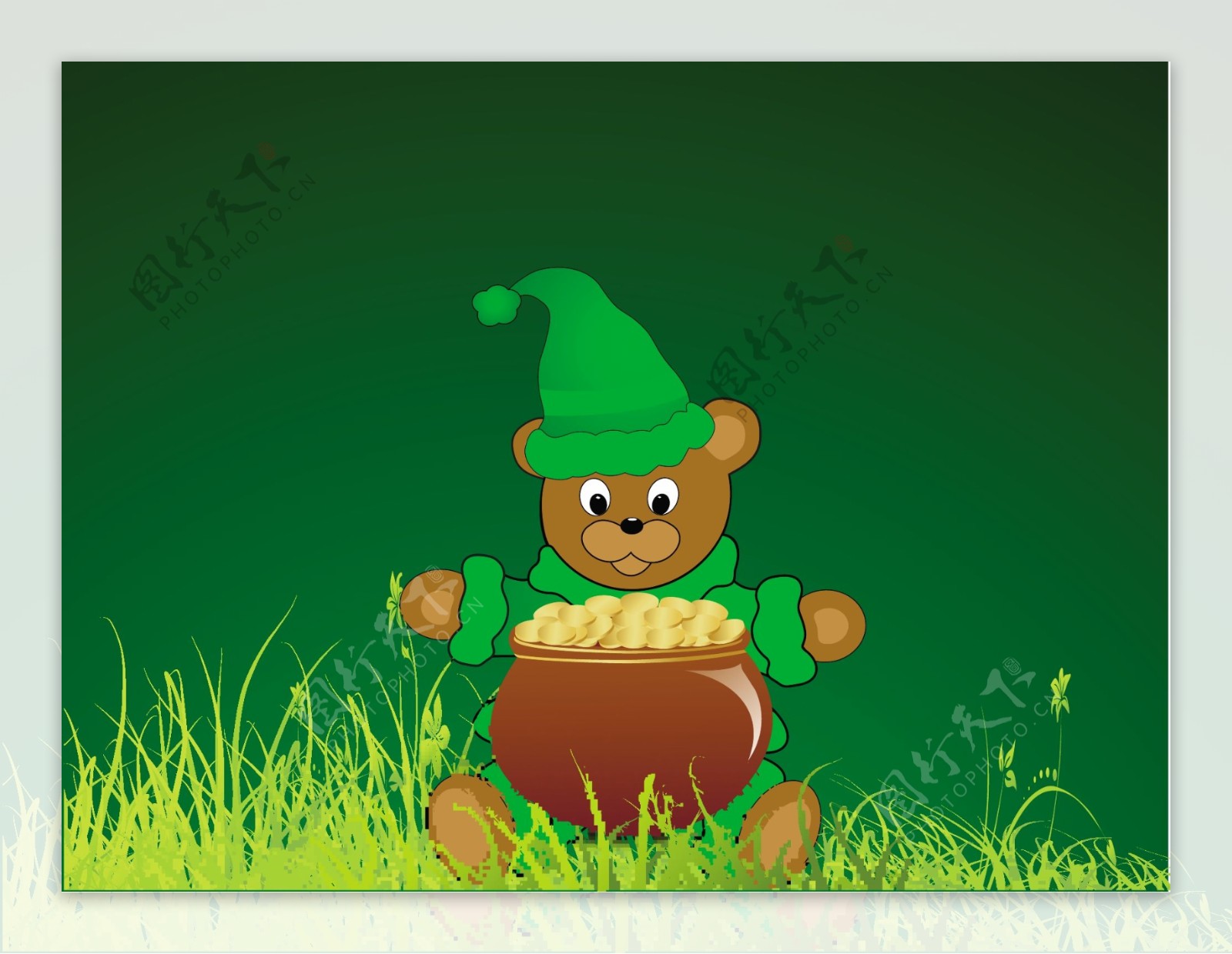 快乐的圣巴特里克节概念与泰迪熊保持传统泥罐金币在绿色背景的全