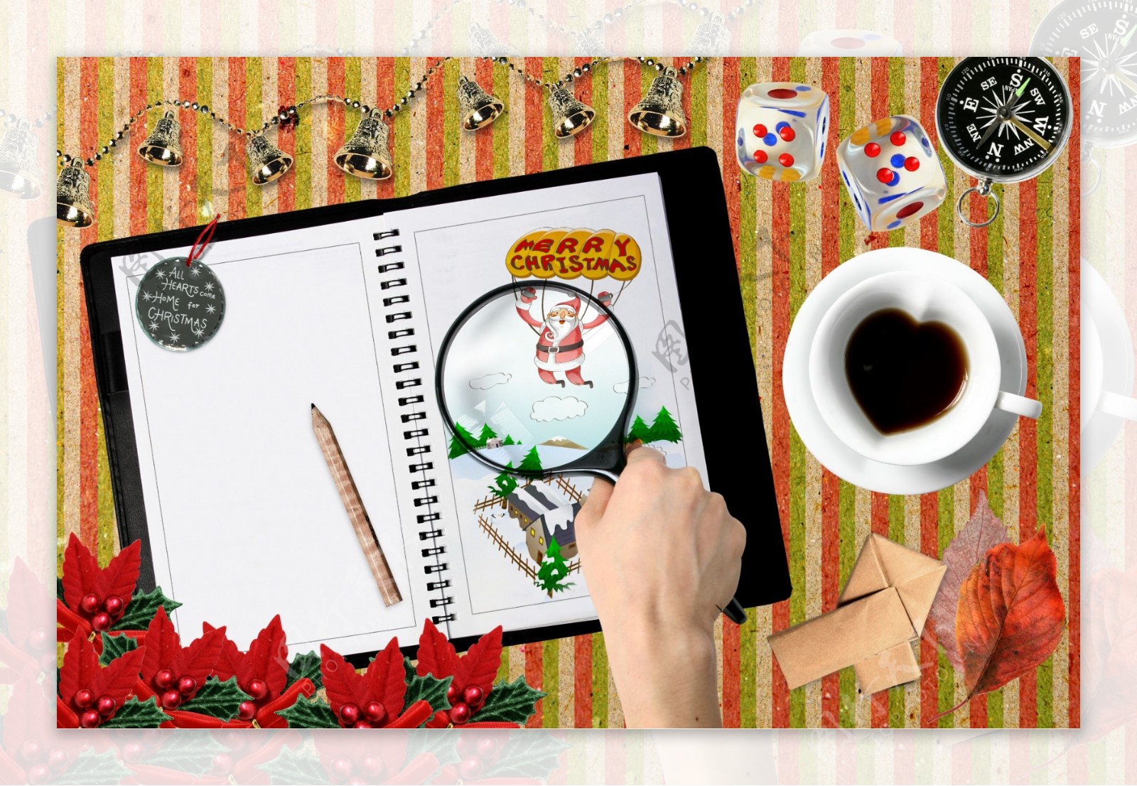 HanMaker韩国设计素材库背景图片卡片礼物祝福圣诞咖啡本子笔放大镜叶子
