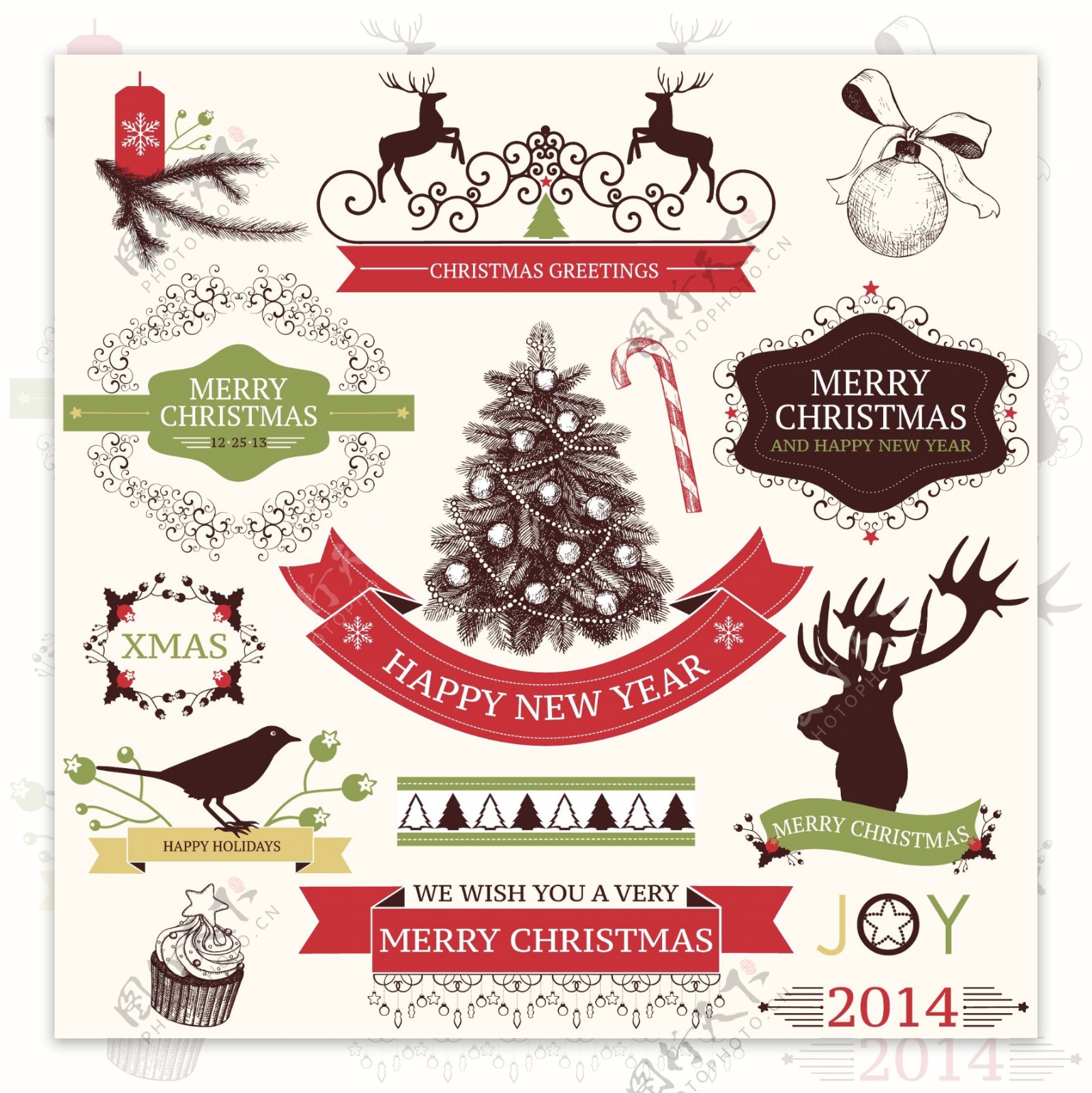 2014的圣诞节标签色带和挂件饰品矢量03