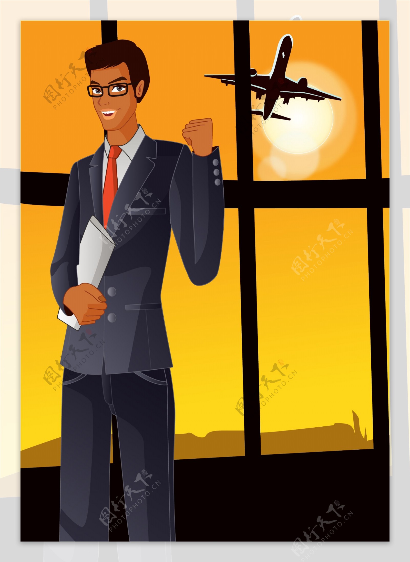 卡通男性窗外飞机插画图
