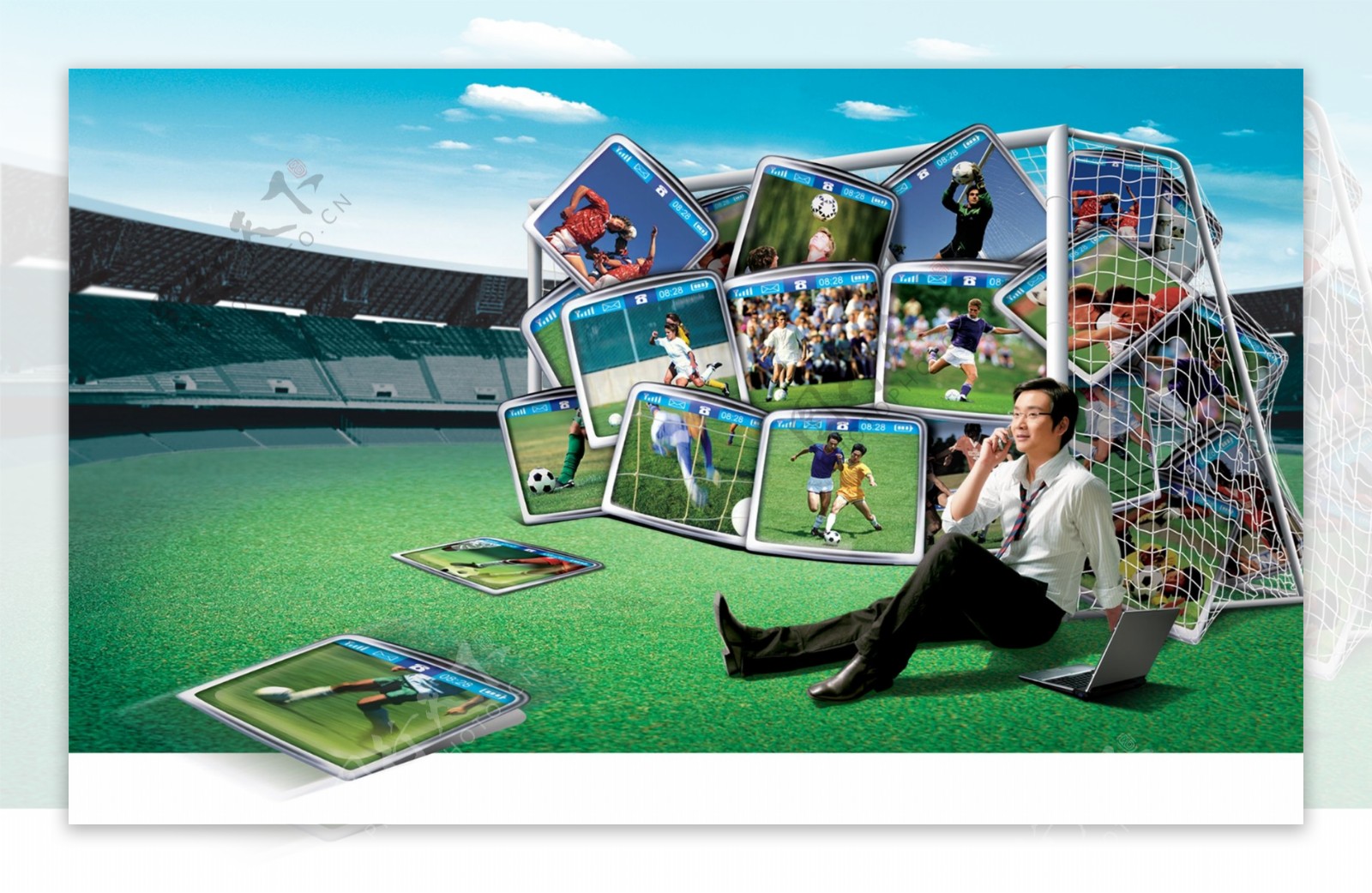 龙腾广告平面广告PSD分层素材源文件设计元素类足球场射门男性蓝天白云笔记本