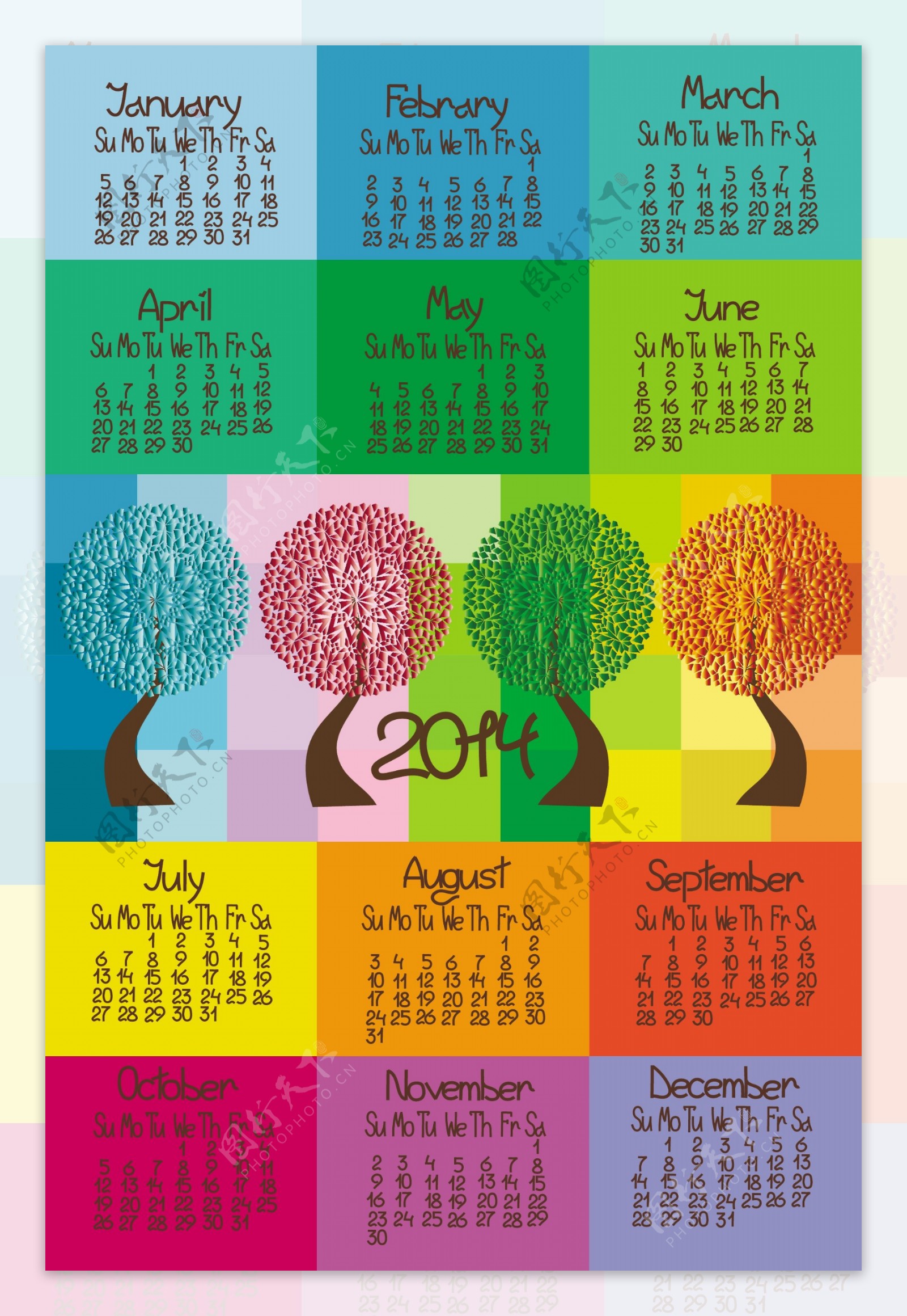 2014年抽象树木日历矢量素材
