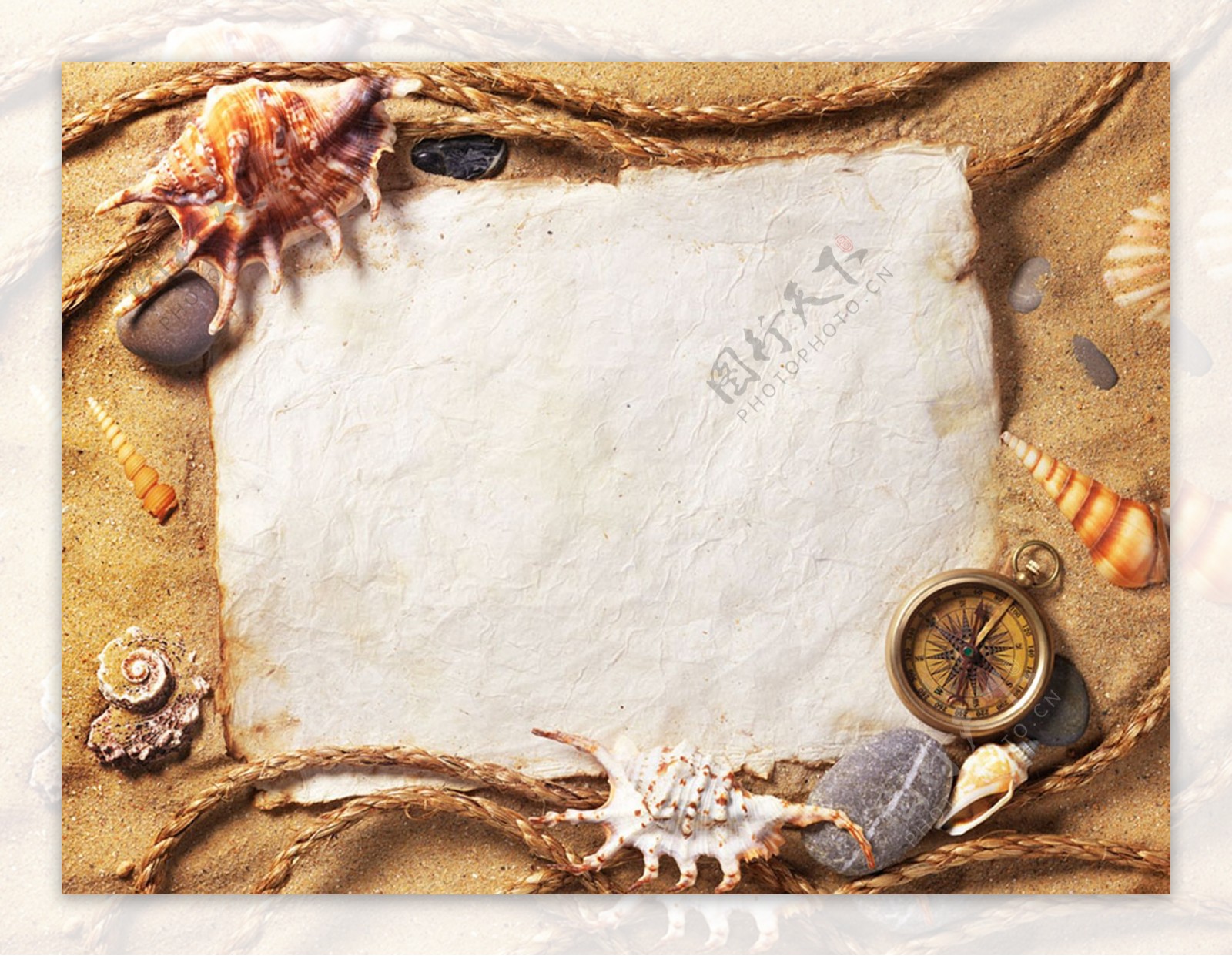 白纸黄纸牛皮纸绳索海螺怀表时钟沙滩贝壳