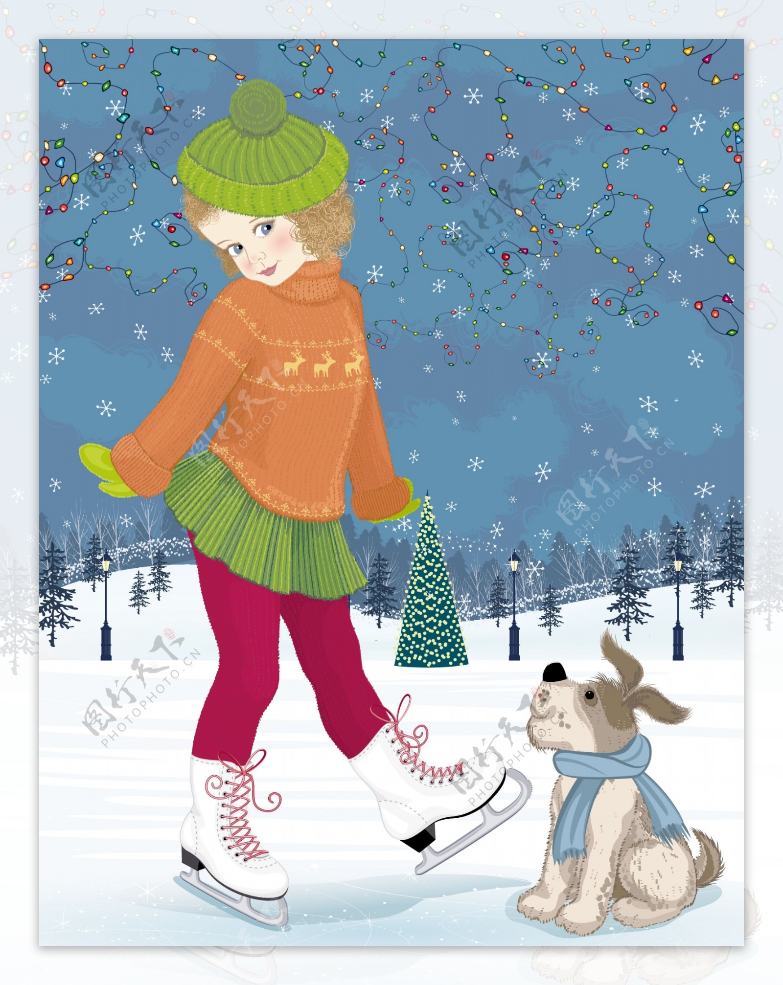 冬天的小女孩可爱的狗设计矢量图03