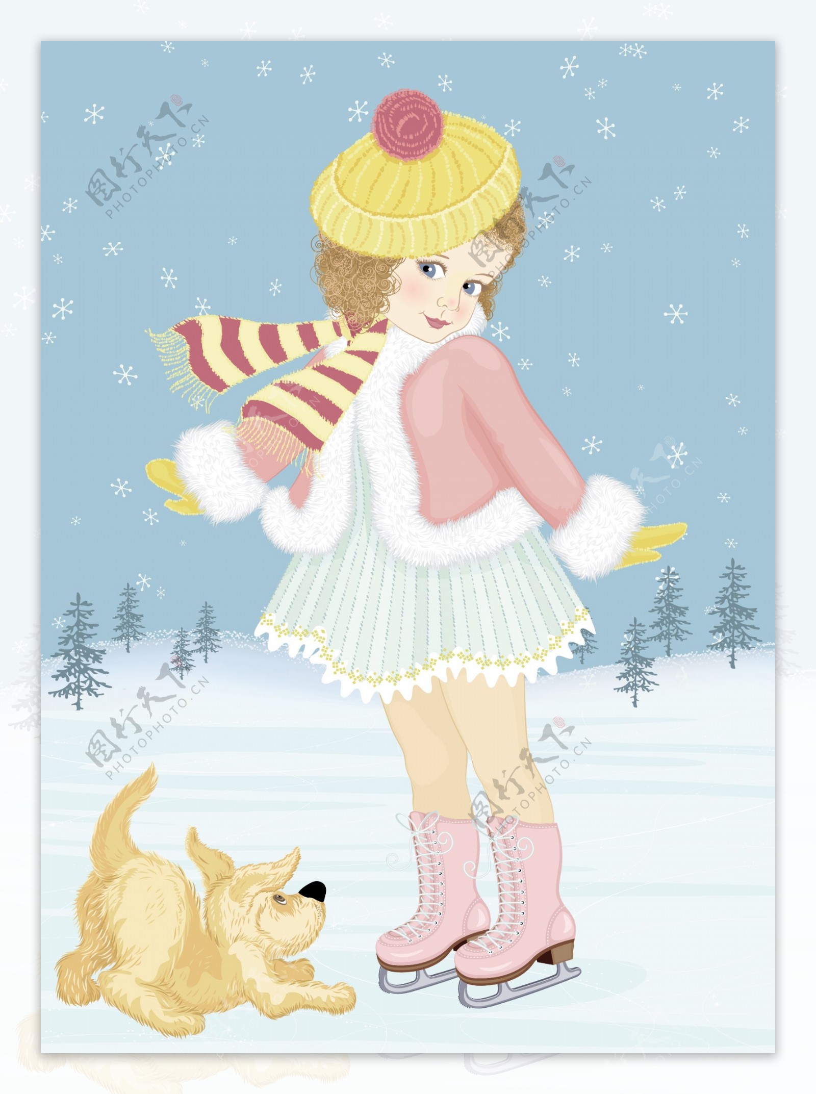 冬天的小女孩可爱的狗设计矢量图01