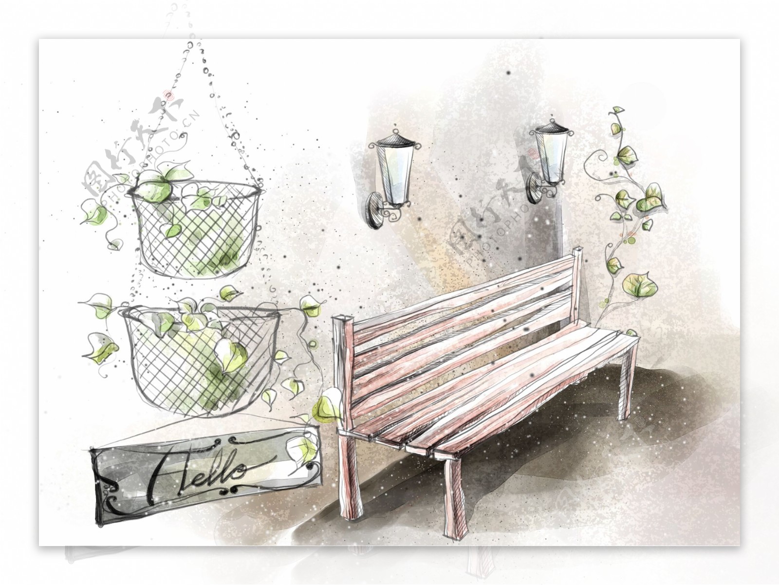 HanMaker韩国设计素材库背景淡彩色调意境绘画风格树藤椅子