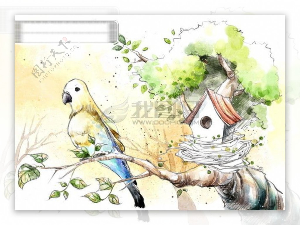 HanMaker韩国设计素材库背景淡彩色调意境绘画风格鸟鸟巢树枝