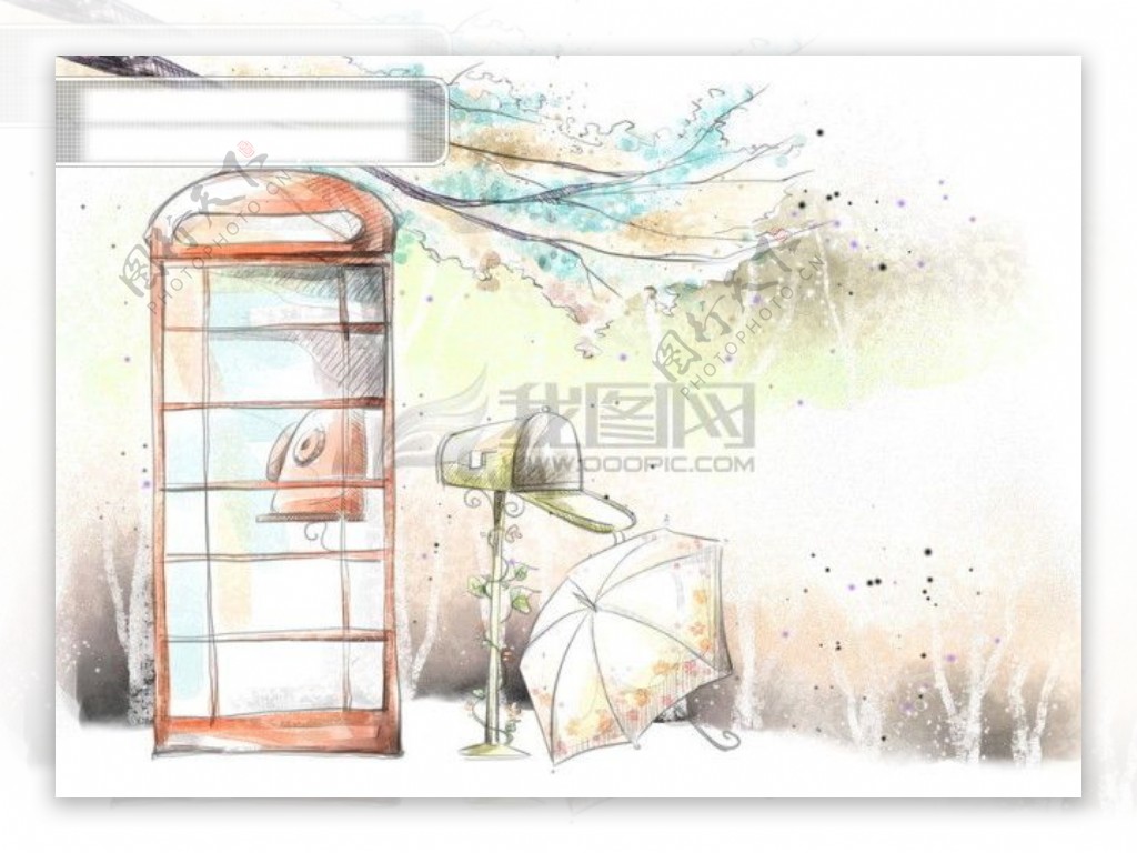 HanMaker韩国设计素材库背景淡彩色调意境绘画风格树枝电话亭
