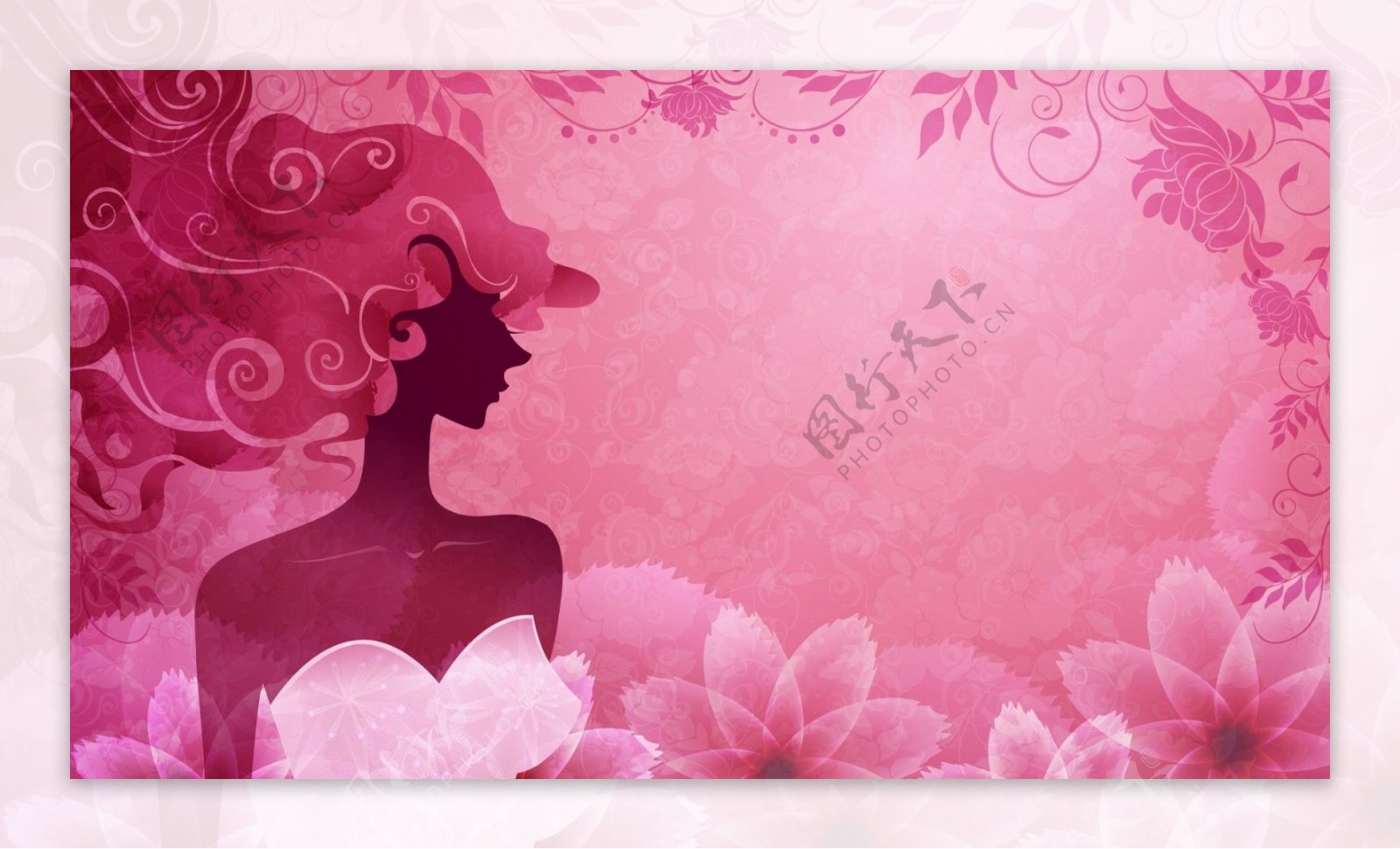 粉色插画花朵中的女孩图