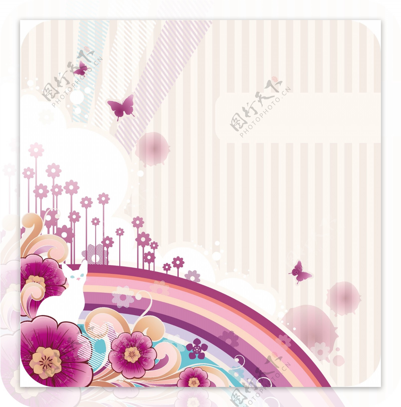 蝴蝶弧线花纹和粉色花朵插画