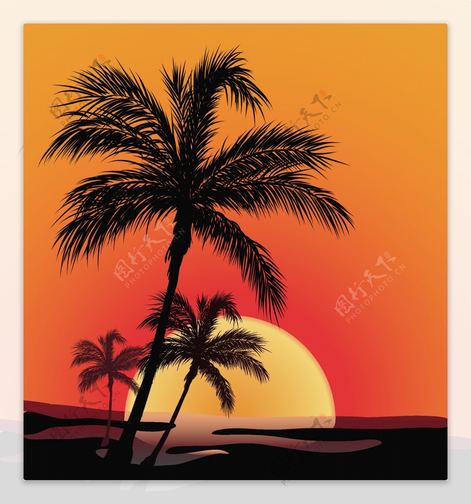2模型的矢量日落海滩椰子阴影矢量素材