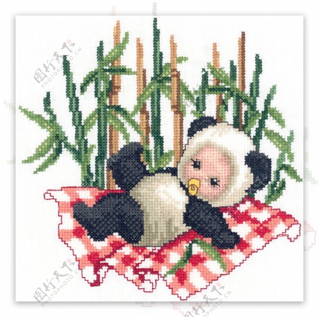 绣花大熊猫婴儿竹子床单免费素材