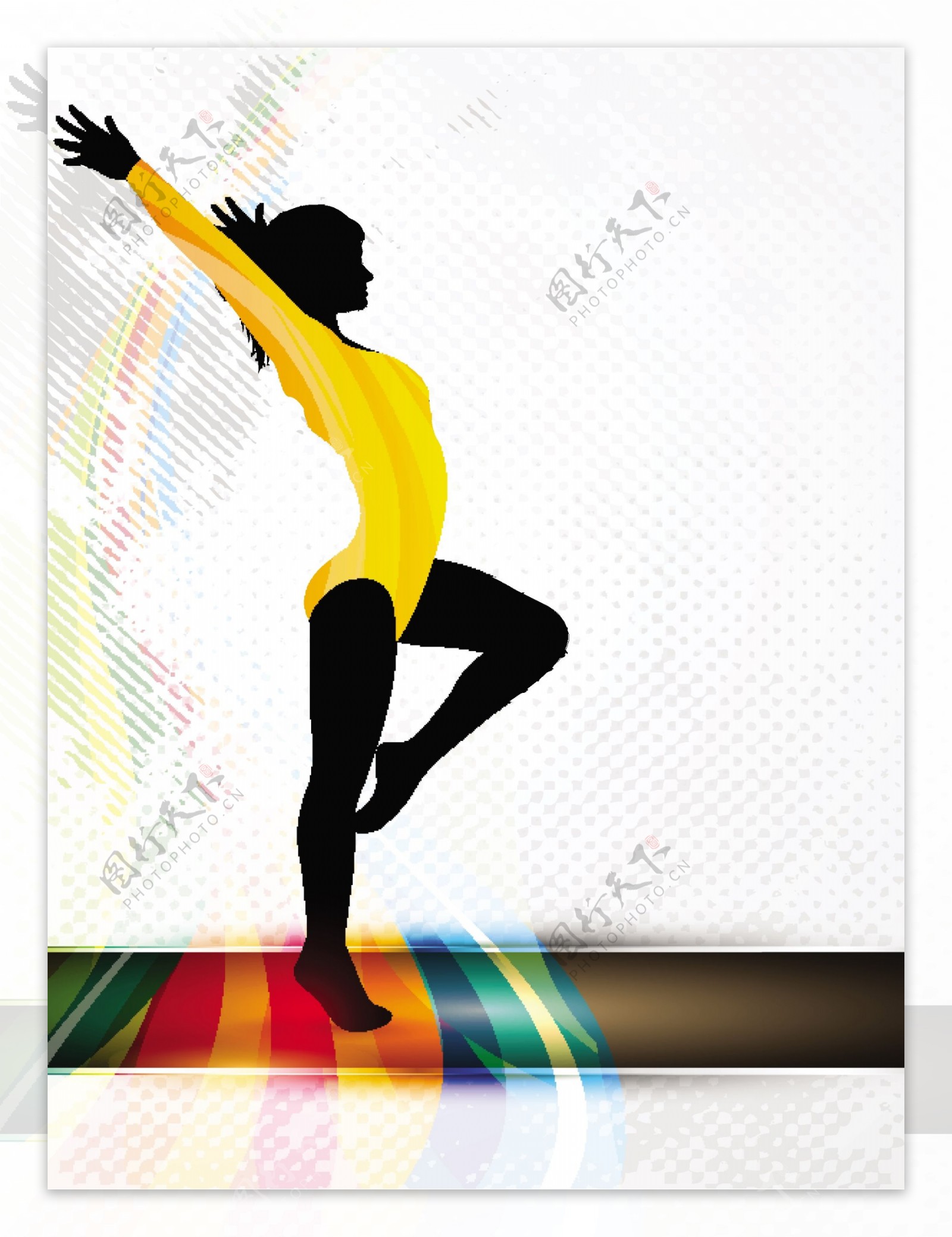 在抽象的蹩脚的多彩波背景eps10体操女孩剪影