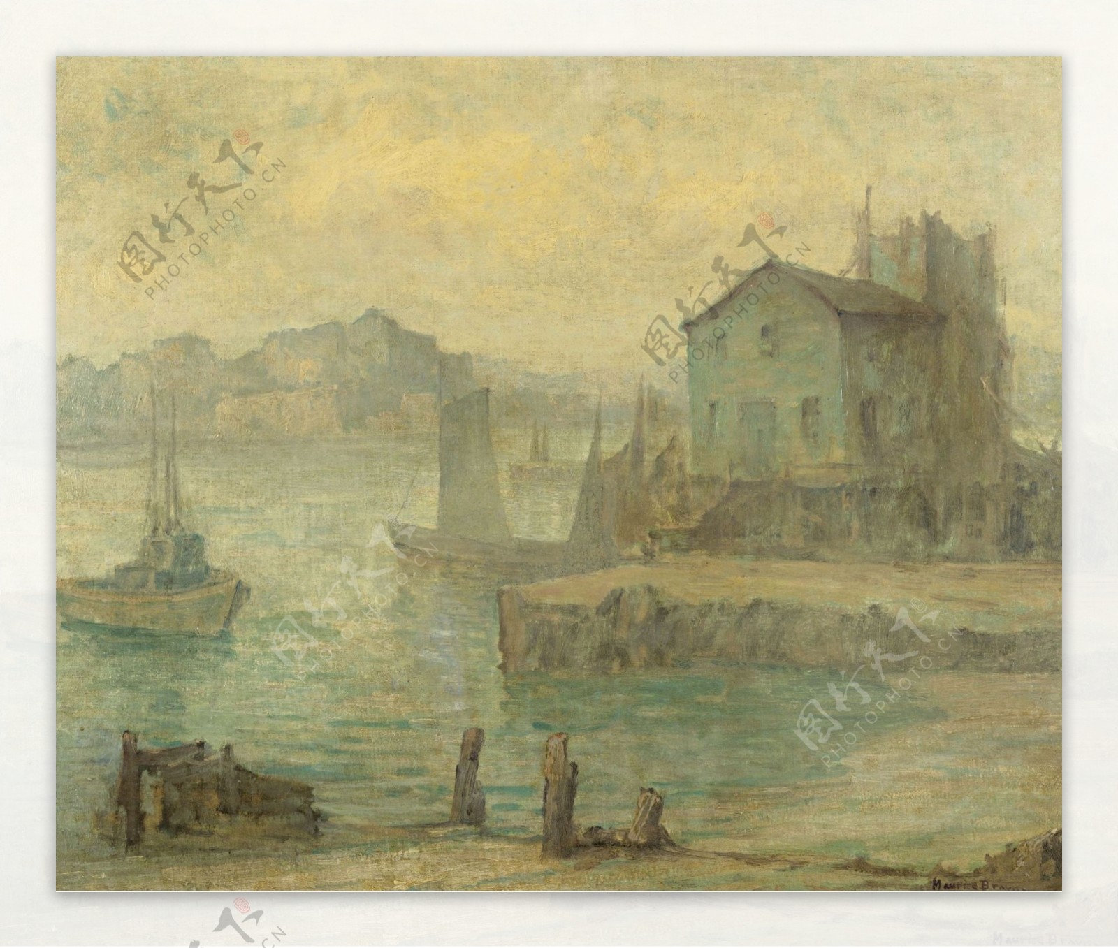 MauriceBraunBoatsinaHarbor大师画家风景画静物油画建筑油画装饰画