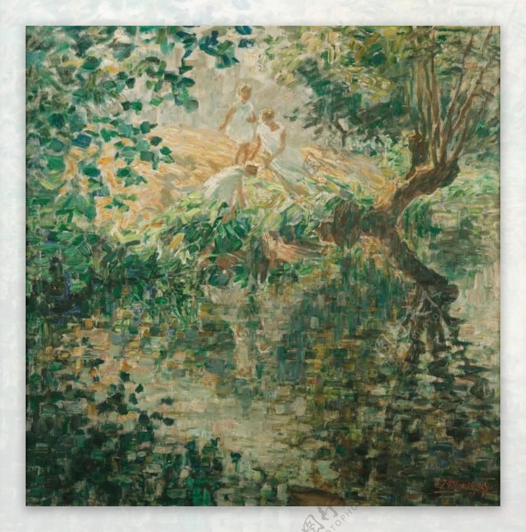 JennyMontignyYoungGirlsontheRiverBank画家风景画静物油画建筑油画装饰画