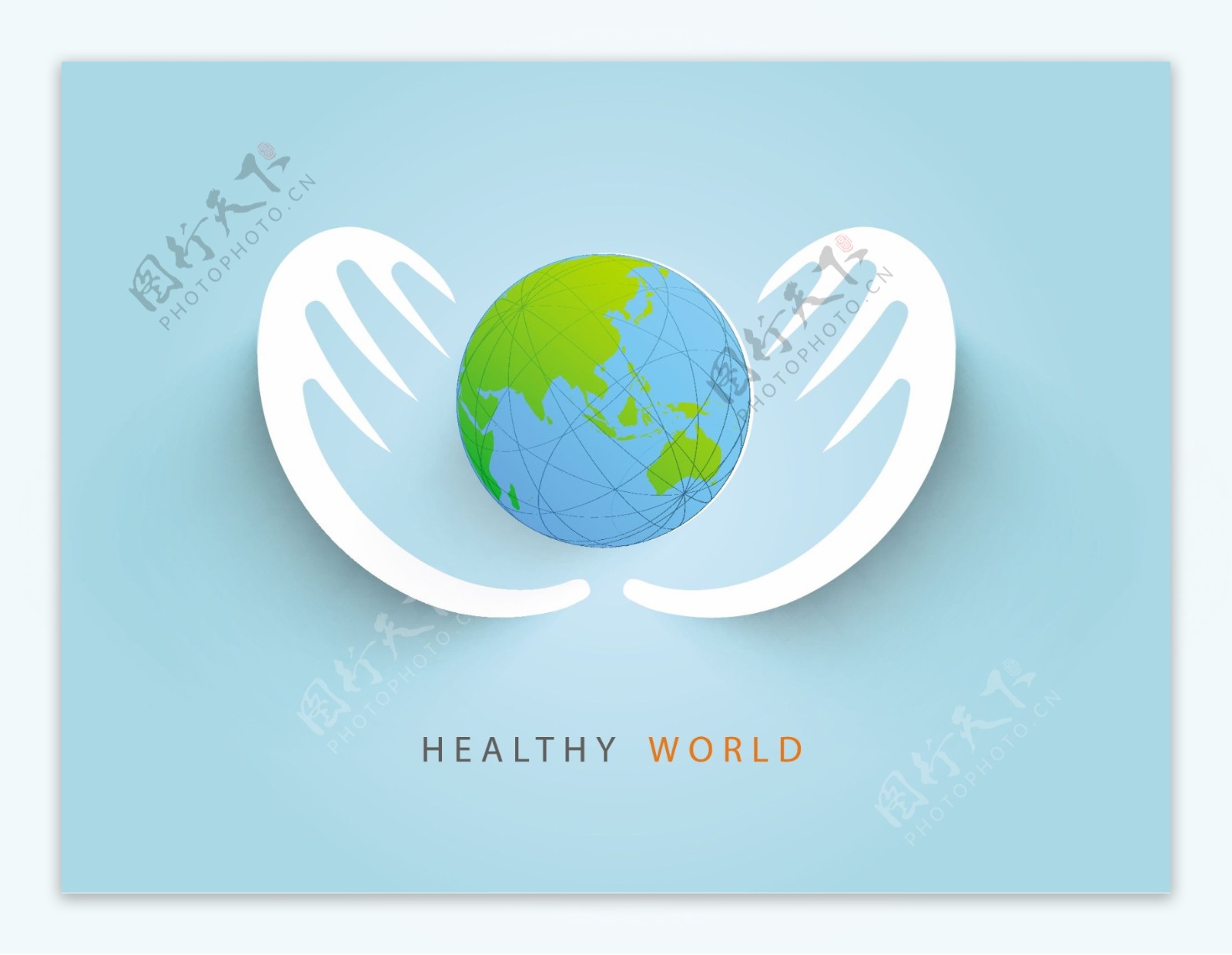 摘要世界卫生日的概念与全球保护人类的手在蓝色的背景