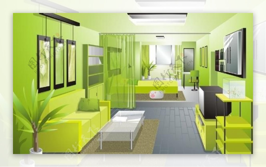 新鲜的绿色客厅设计效果图矢量素材